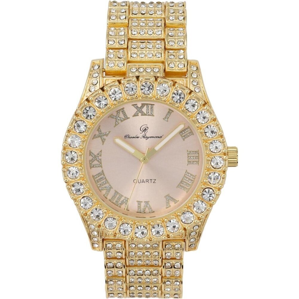 Women's Gold Blush Bezel Colored Dial Roman Numerals Iced Out Watch St10327la
